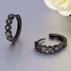 Women Girls Flower Cubic Zirconia Huggie Earrings Hypoallergenic 14K Yellow Gold
